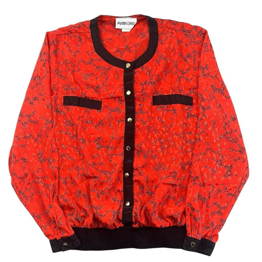 Vintage Andrea Gayle Red Black Blouse Lightweight Button Front USA Made - 12